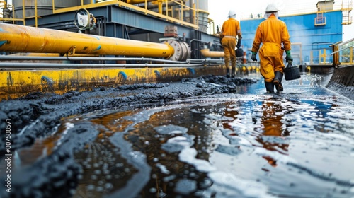 Sludge Treatment, Workers monitoring dewatering equipment processing the sludge into a manageable solid.