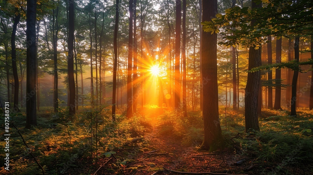 Obraz premium beauty of a sunrise over a tranquil forest