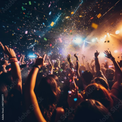 A crowd of people dance celebrate and listen to music and have fun at a concert nightclub party