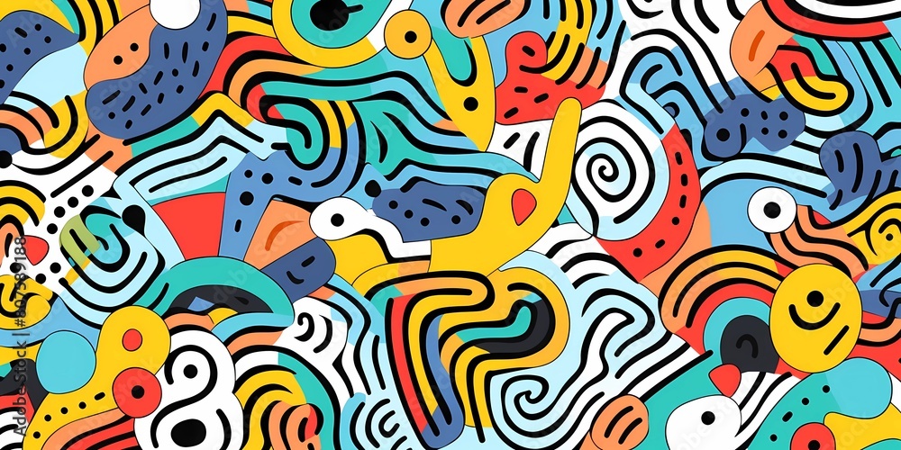 Doodle colorful lines in seamless pattern. Abstract art background vector design with childish doodles, leaves, dots in bright colors. Examples of textile or fabric print designs. Doodle colorful lines in seamless pattern. Abstract art background vector design with childish doodles, leaves, dots in bright colors. Examples of textile or fabric print designs.