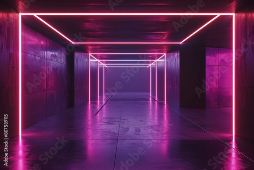 Illuminated room with modern futuristic pink glowing neon light lines