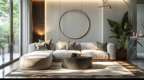 A modern light luxury style living room with stylish furniture, minimalist design, contemporary decor, natural light, bright, minimalistic decor, sleek aesthetics. Generative AI. © visoot