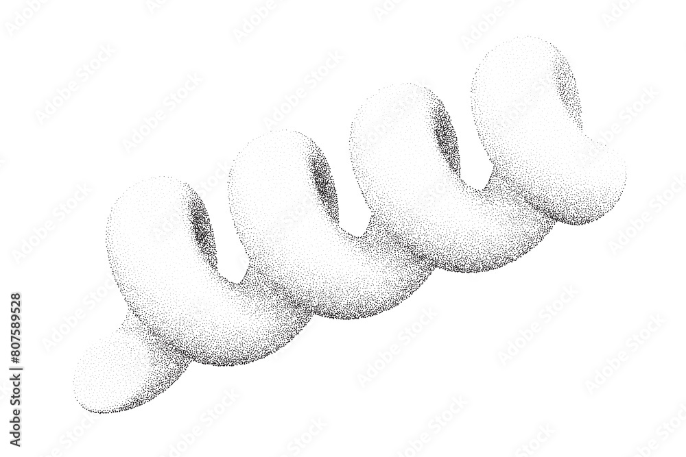 Grainy spring with noise texture. Dotted stipple curve spiral isolated on white background. Vector gradient grunge shape with shadows.