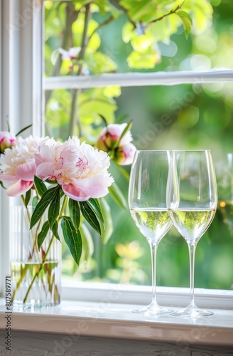 Elegant Peonies and Sparkling Wine Glasses by a Sunny Window Sill