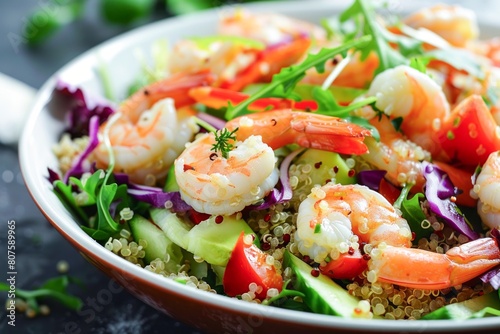 Colorful Shrimp and Quinoa Salad With Fresh Vegetables Served for Healthy Lunch