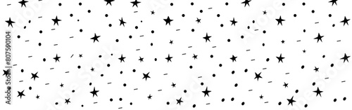 Hand drawn simple sprinkle seamless pattern with black confetti and stars on white background. Vector Illustration for holiday, party, birthday, invitation.