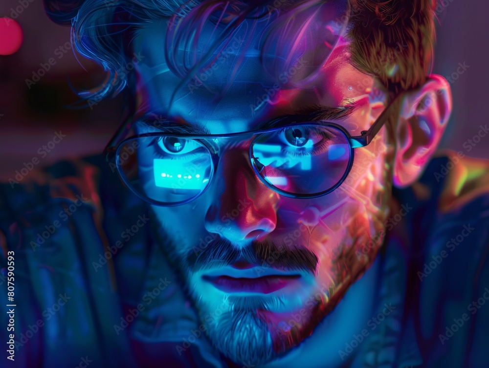 a man with glasses and neon lights a man with glasses and neon lights