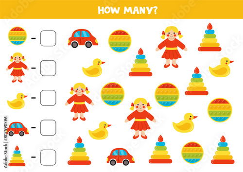 Counting game with cartoon kids toys. Math worksheet.