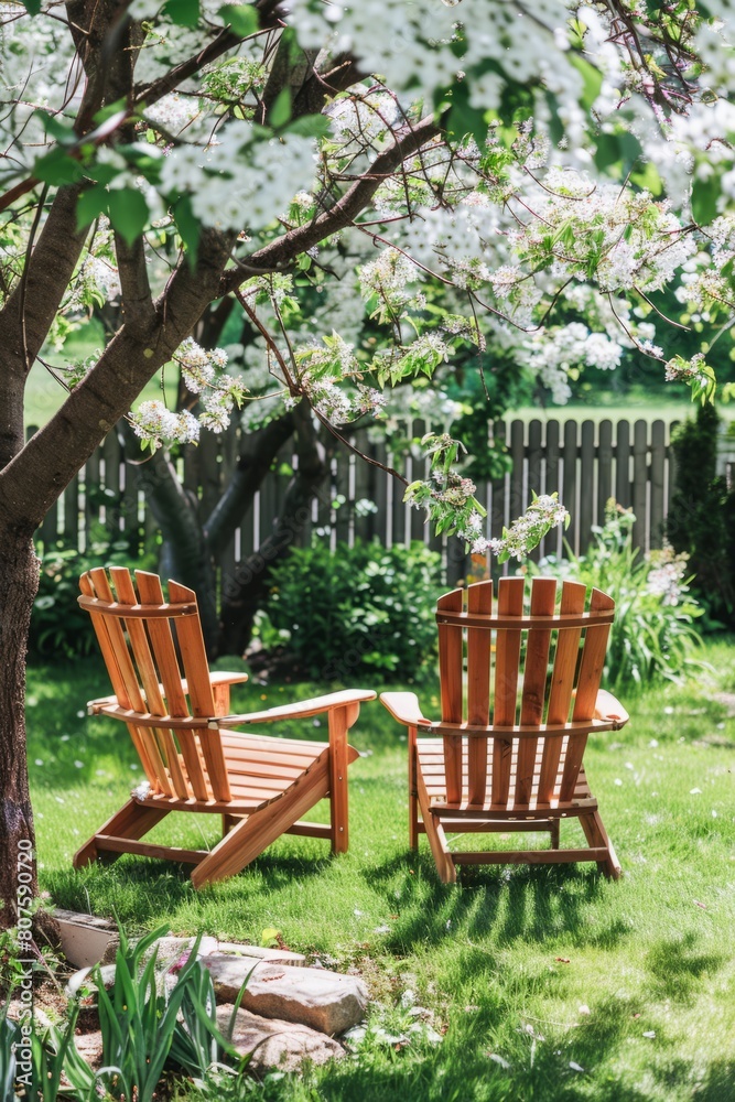 Retreat With Wooden Chairs Under Blossoming Tree Retreat With Wooden Chairs Under Blossoming Tree