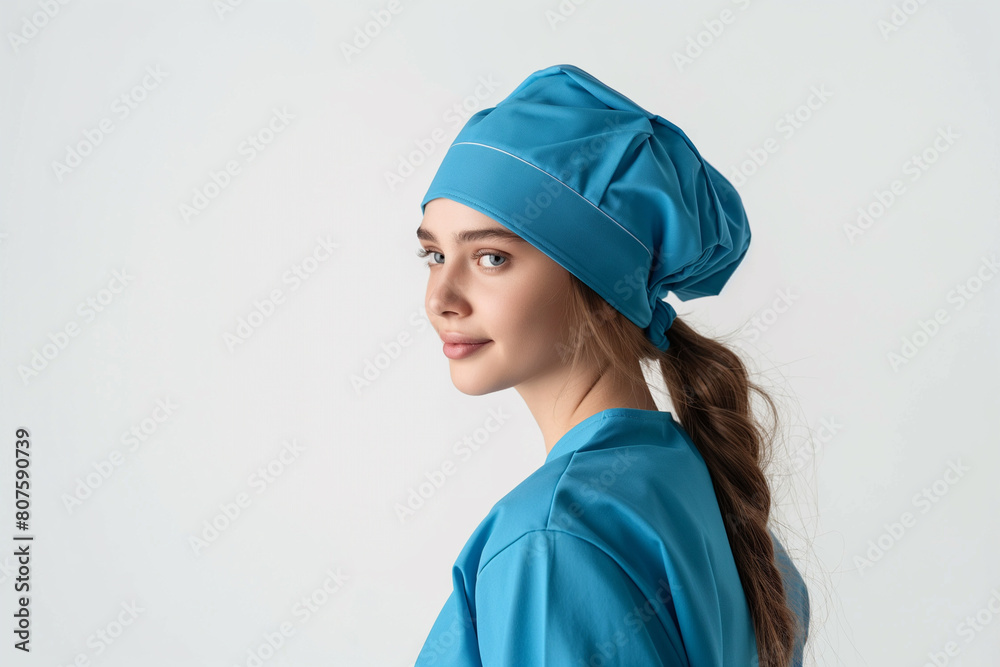 woman doctor in blue suite with blue doctor's hat on white background