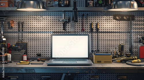 Digital Diagnostic Laptop Screen Blank Canvas in Mechanic's Garage Workshop with Tools and Car Parts photo