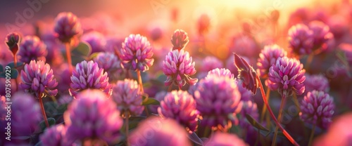 A Field Of Clover Flowers In The Sunset Exudes A Sense Of Tranquility And Serenity, With Vibrant Hues Painting The Sky In Shades Of Orange And Pink, Background HD For Designer 