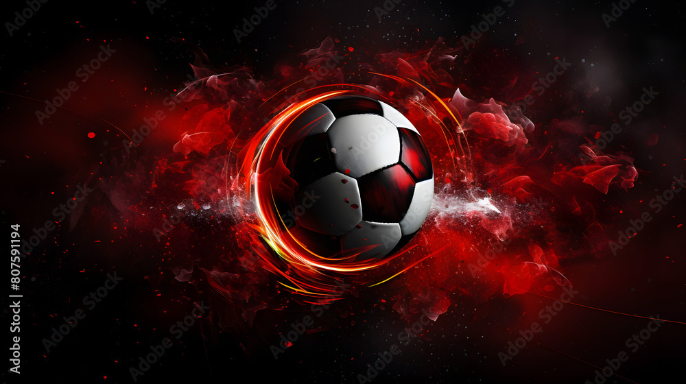 Fototapeta premium 3D rendering of a black and white soccer ball burning with hot flames on a red background under a spotlight background.