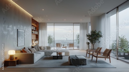 Apartment living room with overcast side lighting  featuring a tranquil and minimalist interior style with minimal decor. Generative AI.