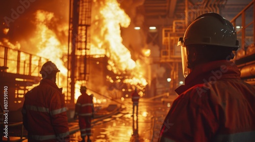inside a high-temperature incinerator plant where industrial waste is being burned, with flames visible and workers monitoring the process.