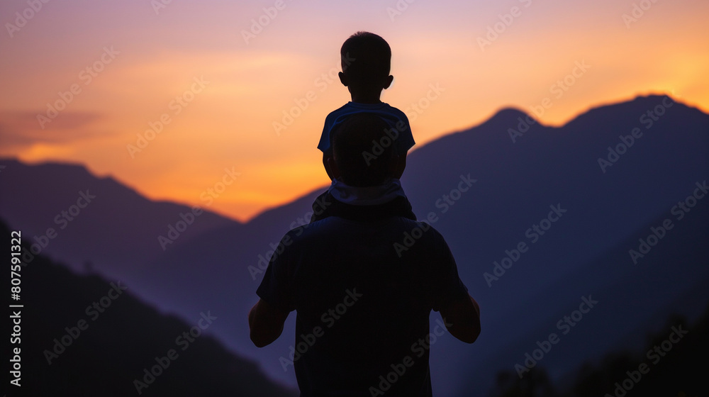 
In the serene of twilight, a heartwarming Father's Day unfolds as a silhouette of a father and son is seen against the backdrop of mountain peaks, the son joyfully perched on his father's shoulders