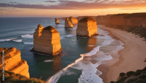 Sunset over Twelves Apostles in Great Ocean Road, Victoria, Australia. The Twelve Apostles is a collection of limestone stacks off the shore of the Port Campbell National Park. photo