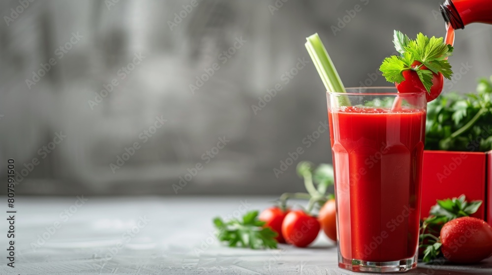 Tomato juice being poured into a glass, a celery stick garnish, next to a logo-free red juice box on a light grey background Tomato juice being poured into a glass, a celery stick garnish, next to a logo-free red juice box on a light grey background