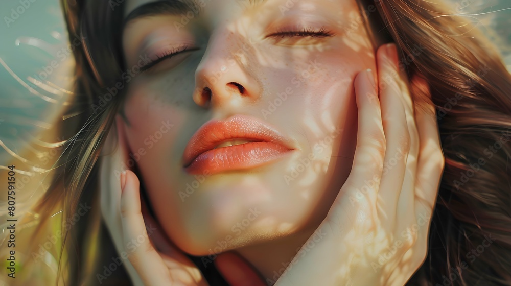 Female face beauty woman long hair fly natural make up clean healthy skin hand touching face Female face beauty woman long hair fly natural make up clean healthy skin hand touching face