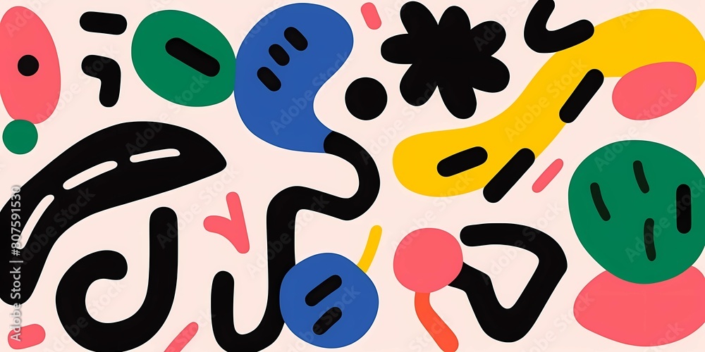 Doodle colorful lines in seamless pattern.  Abstract art background vector design with childish doodles, leaves, dots in bright colors.  Examples of textile or fabric print designs.