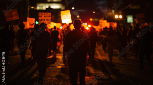 Against the backdrop of softly glowing streetlights, African American activists take to the city streets on Juneteenth night, their silhouettes standing out against the darkness © Tahsin