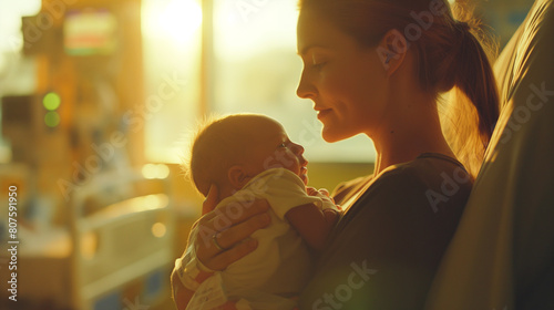 a mother holds her newborn baby close in a hospital room. Their eyes lock in a silent exchange of love and understanding As the mother cradles her child, her heart swells with overwhelming emotion