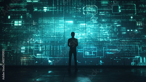 A person standing in front of a giant digital screen with a flow of data
