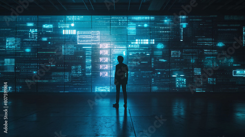 A person standing in front of a giant digital screen with a flow of data © Di