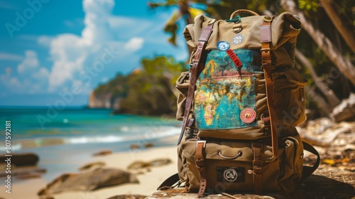 Travel Backpack, Close-up of a well-worn travel backpack with travel stickers from around the world, set against a sunny beach backdrop.