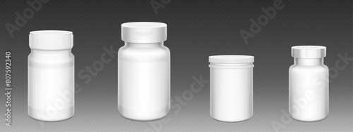 3d white plastic pill bottle. Supplement container package mockup. Medicine jar for capsule, drug, protein or aspirin with empty prescription label template and lid. Pharmaceutical pack mock up
