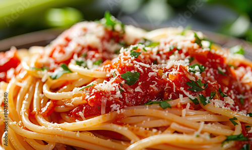 A macro shot of a plate of spaghetti with tomato sauce  sprinkled with cheese and herbs. Generate Ai
