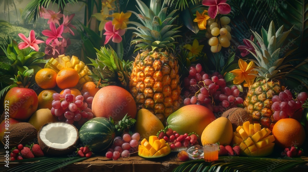 Tropical Fruits, A vibrant display of tropical fruits like mangoes, pineapples, and coconuts, perhaps with a cocktail in the background.