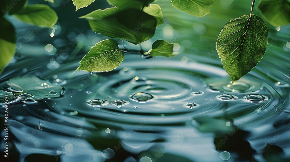 Green leaves on water surface. beautiful water ripple background for product presentation. copy space. Generative AI. Green leaves on water surface. beautiful water ripple background for product presentation. copy space. Generative AI.