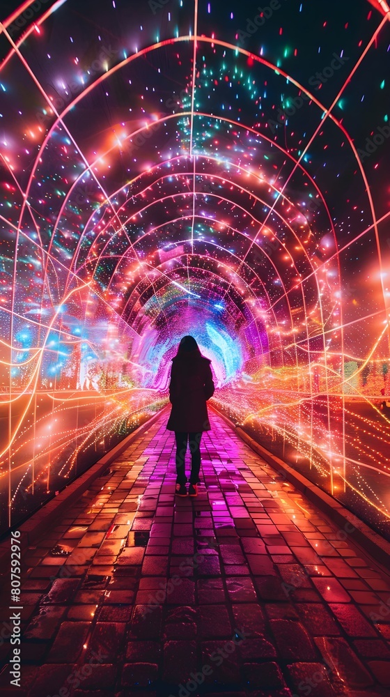 A person stands in awe before a mesmerizing light tunnel, filled with colors and patterns, illuminating the surrounding darkness