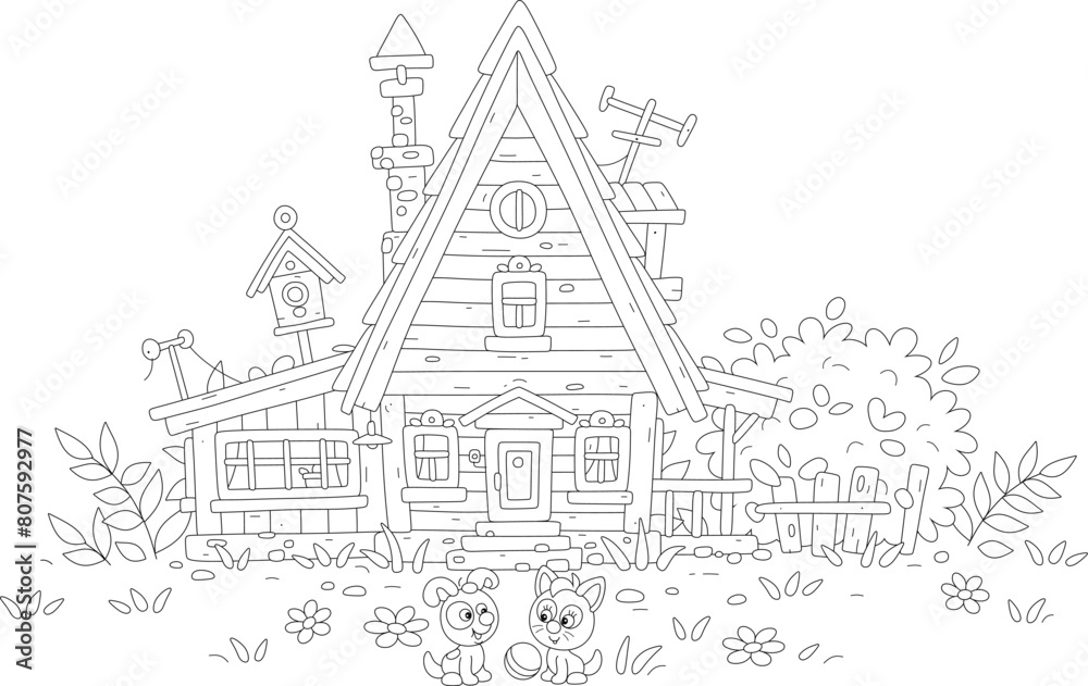 Funny little kitten and puppy playing with a ball in a yard of a pretty village house in countryside on summer vacation, black and white vector cartoon illustration for a coloring book Funny little kitten and puppy playing with a ball in a yard of a pretty village house in countryside on summer vacation, black and white vector cartoon illustration for a coloring book