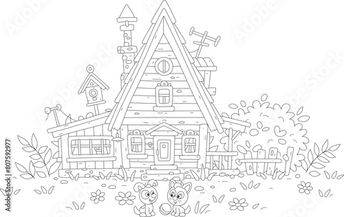 Funny little kitten and puppy playing with a ball in a yard of a pretty village house in countryside on summer vacation, black and white vector cartoon illustration for a coloring book