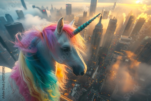 Illustrate a majestic unicorn with rainbow mane, blending seamlessly into a busy cityscape, shot from an aerial angle to add an intriguing twist photo