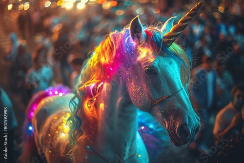 Illustrate a majestic unicorn with rainbow mane, blending seamlessly into a busy cityscape, shot from an aerial angle to add an intriguing twist photo