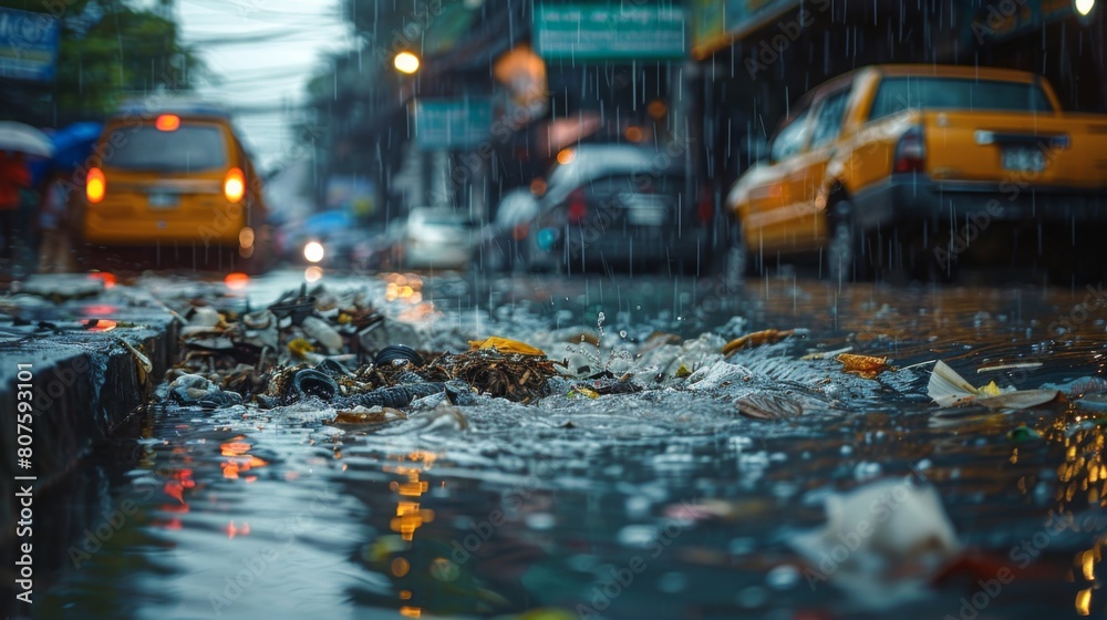 Urban Runoff During Rainy Season: Show a bustling urban street during a heavy rain, with water flowing into a storm drain filled with debris and pollutants. Urban Runoff During Rainy Season: Show a bustling urban street during a heavy rain, with water flowing into a storm drain filled with debris and pollutants.