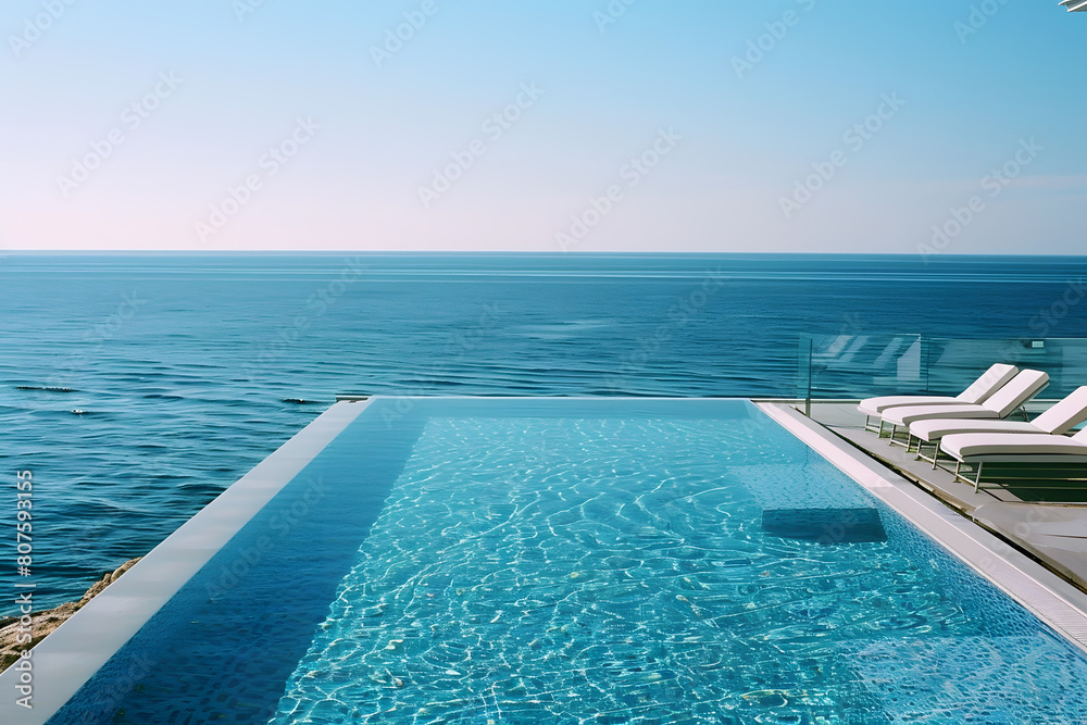 Swimming pool and sun loungers at stylish tropical spa hotel, summertime banner mockup. Summer travel sales and vacation concept. Swimming pool and sun loungers at stylish tropical spa hotel, summertime banner mockup. Summer travel sales and vacation concept.