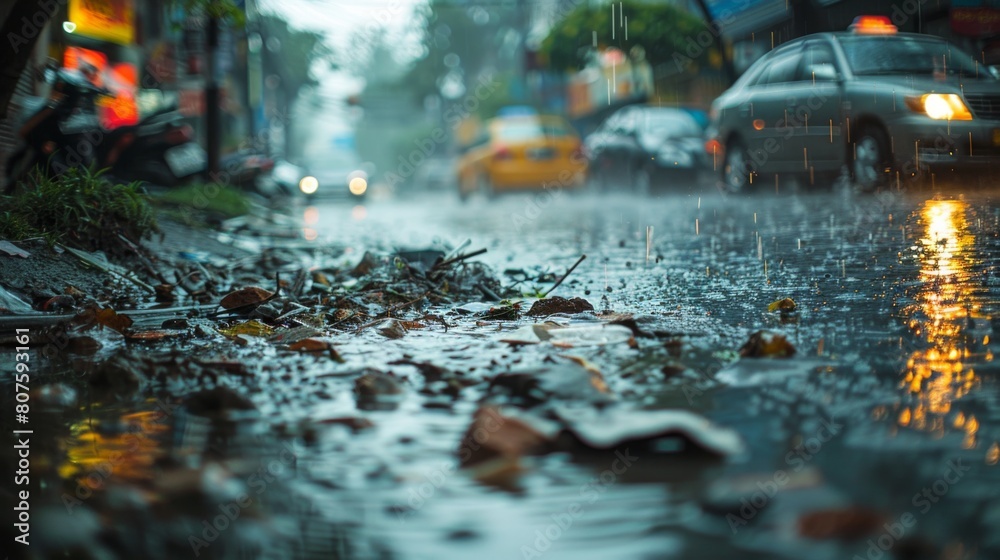 Urban Runoff, rainwater flowing through city streets, picking up pollutants and debris, leading to a storm drain. 