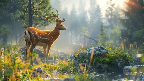 Uncover the mysteries of animal behavior through a digital 3D lens Implement photorealistic textures on surrealist landscapes, focusing on a rear view perspective © Sakeena