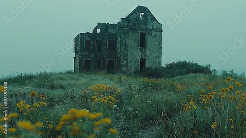   An old, abandoned structure perches atop a verdant field brimming with golden wildflowers and towering grasses
