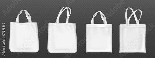 White blank tote bag mockup. Realistic 3d vector illustration set of fabric canvas eco pouch for shopping. Template of cotton cloth reusable shopper with handle. Handbag from ecological material.