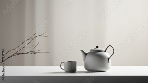 A white tea kettle sits on a table next to a white mug