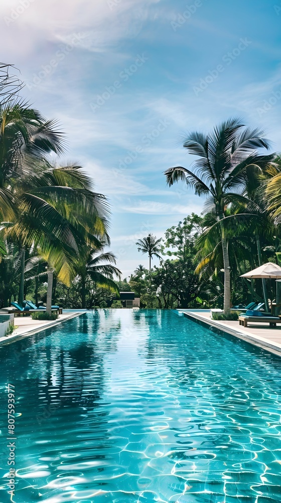 A luxurious pool glistens in the sun, surrounded by lush palm trees. The tranquil blue water invites relaxation and escape from the outside world 