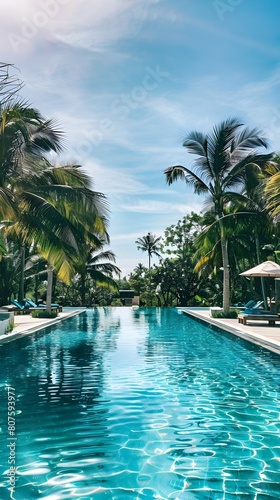 A luxurious pool glistens in the sun  surrounded by lush palm trees. The tranquil blue water invites relaxation and escape from the outside world 