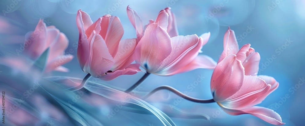 Admire The Delicate Beauty Of Pink Tulip Flowers Against A Blue Background, Where Each Bloom Is A Symbol Of Grace And Femininity, Background HD For Designer 