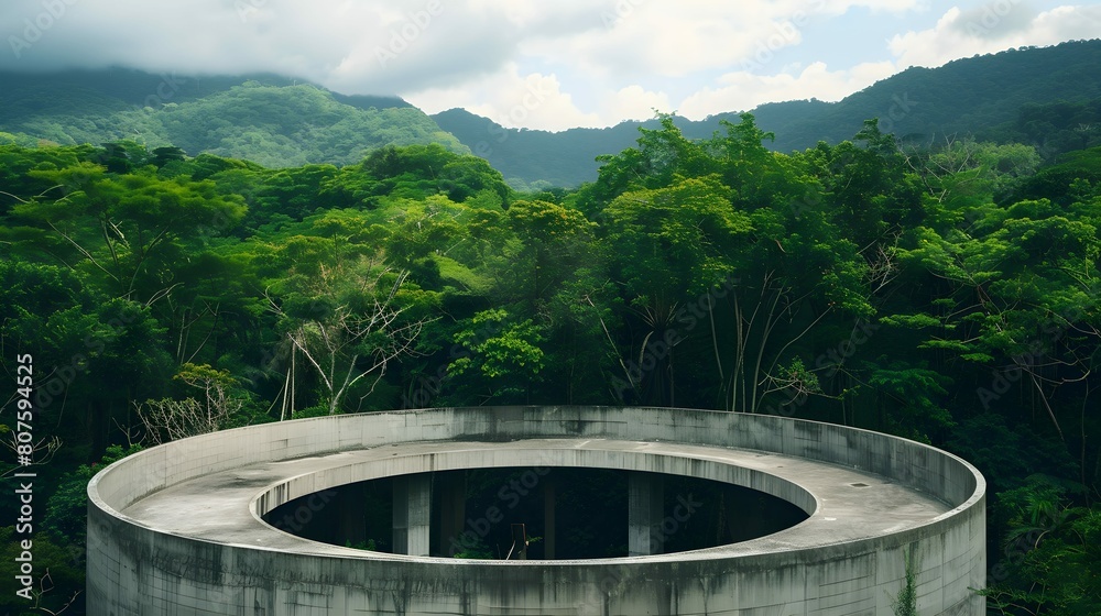 A large circular concrete structure rises majestically, surrounded by lush green trees in the background