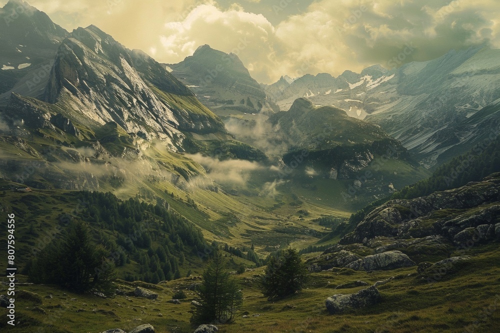 Majestic Alpine Valley with Mist and Rugged Peaks